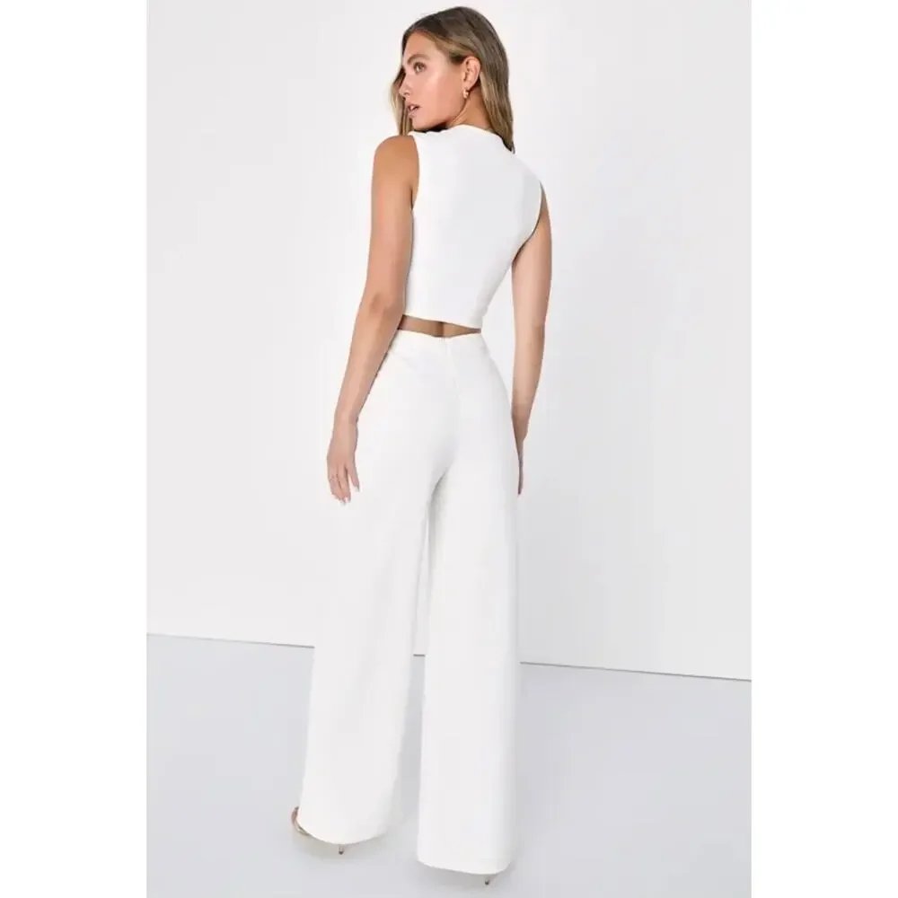 Lulus Enticing Endeavors White Two-Piece Jumpsuit - Wide Leg Bridal Set Size M - Picture 3 of 16